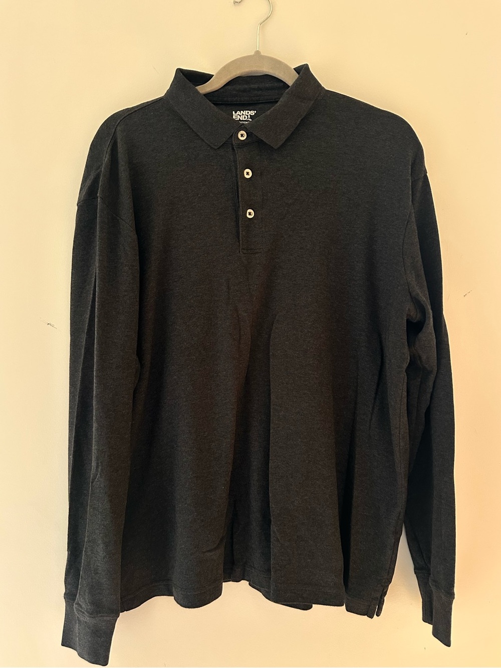Lands End Mens long sleeve supima cotton polo dark charcoal size large